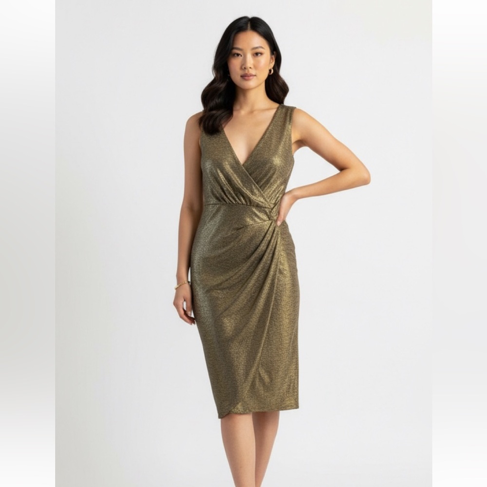 NWT Anthropologie gold mid length dress evening party dress, Holiday Dress small